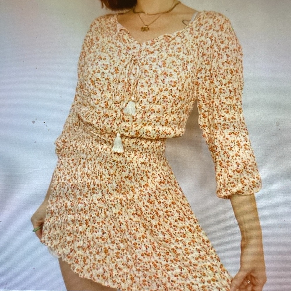 All In Favor Boho Peasant Style Floral Women’s Mini Dress XS Cinched Waist